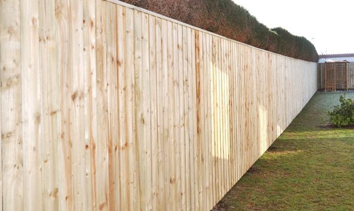 Tall palisade boundary fence with capping rail running along a garden edge
